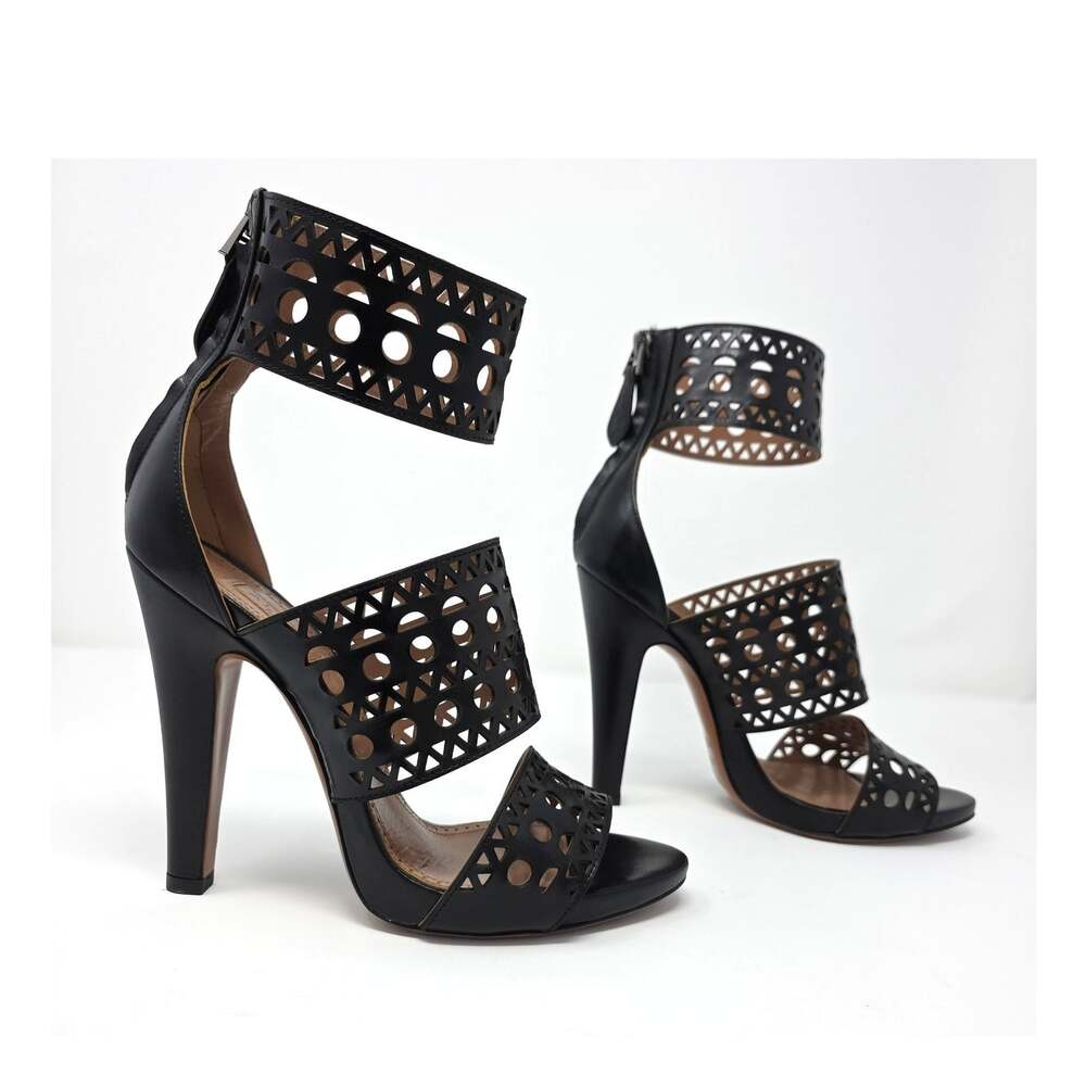 Alaia Black Caged Gladiator Sandal Heels Laser Cut Cutout Leather US 7.5 EU 37.5